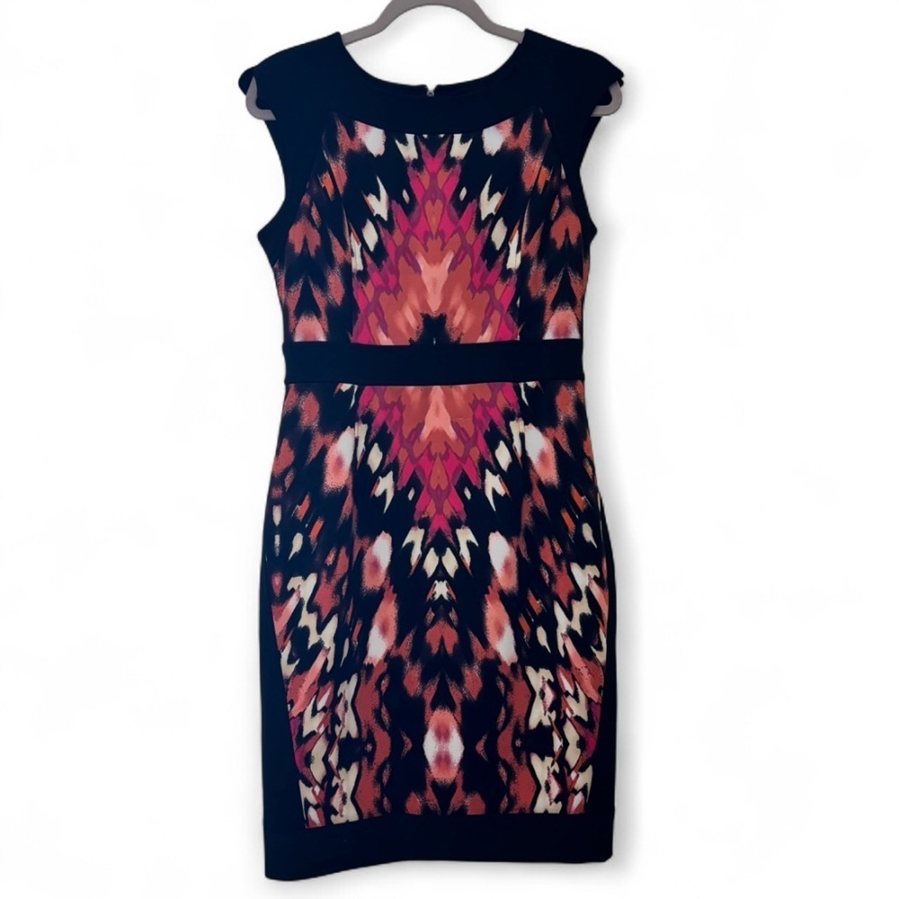 Maggy London Dress Size 8 Abstract Multicolor Sheath Cut Knee Length Cap Sleeve